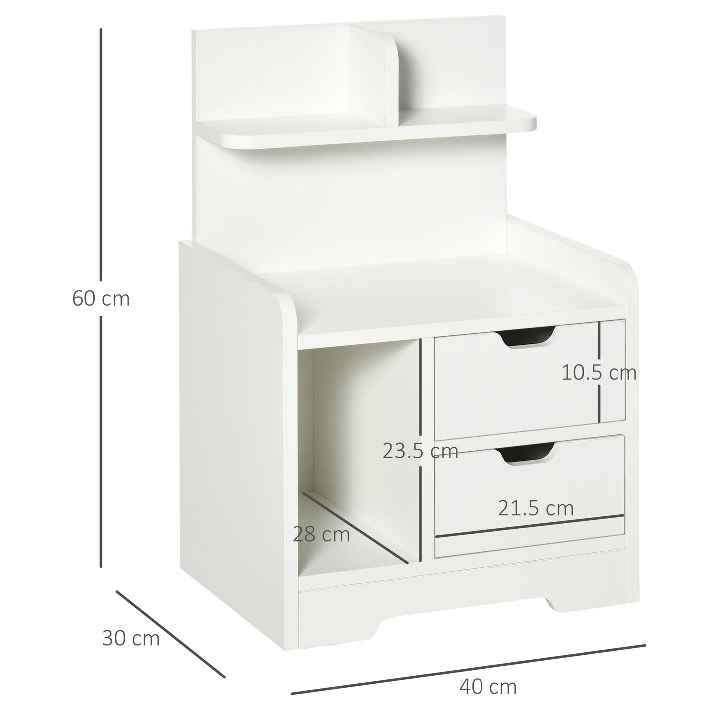 HOMCOM Bedside Table, Small Bedside Cabinet with 2 Drawers and Storage Shelves, Accent Table for Living Room, Bedroom, White