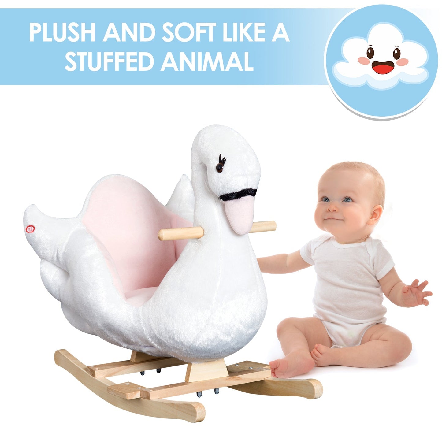 Swan Rocking Horse Kids Wooden Ride On Plush Toy With Music