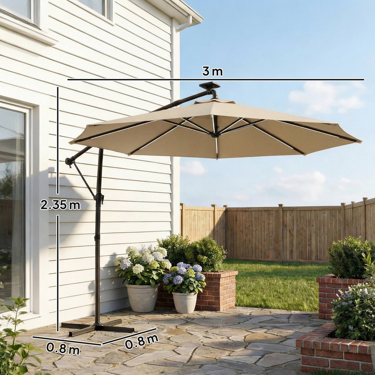 Outsunny 3 m Garden Cantilever Parasol with LED Solar Light, Round Overhanging Umbrella with 360° Rotation, Cover, Khaki
