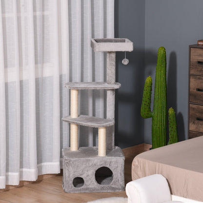 PawHut 125cm Cat Tree for Indoor Cats Kitten Tower 4 level Activity Center Pet Furniture Sisal Scratching Post Condo Plush Perches Hanging Ball Grey