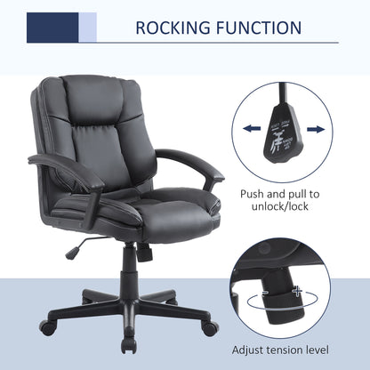 HOMCOM Office Chair, Computer Desk Chair, PU Leather Mid Back Executive Chair with Adjustable Height and Swivel Rolling Wheels for Home Study, Black