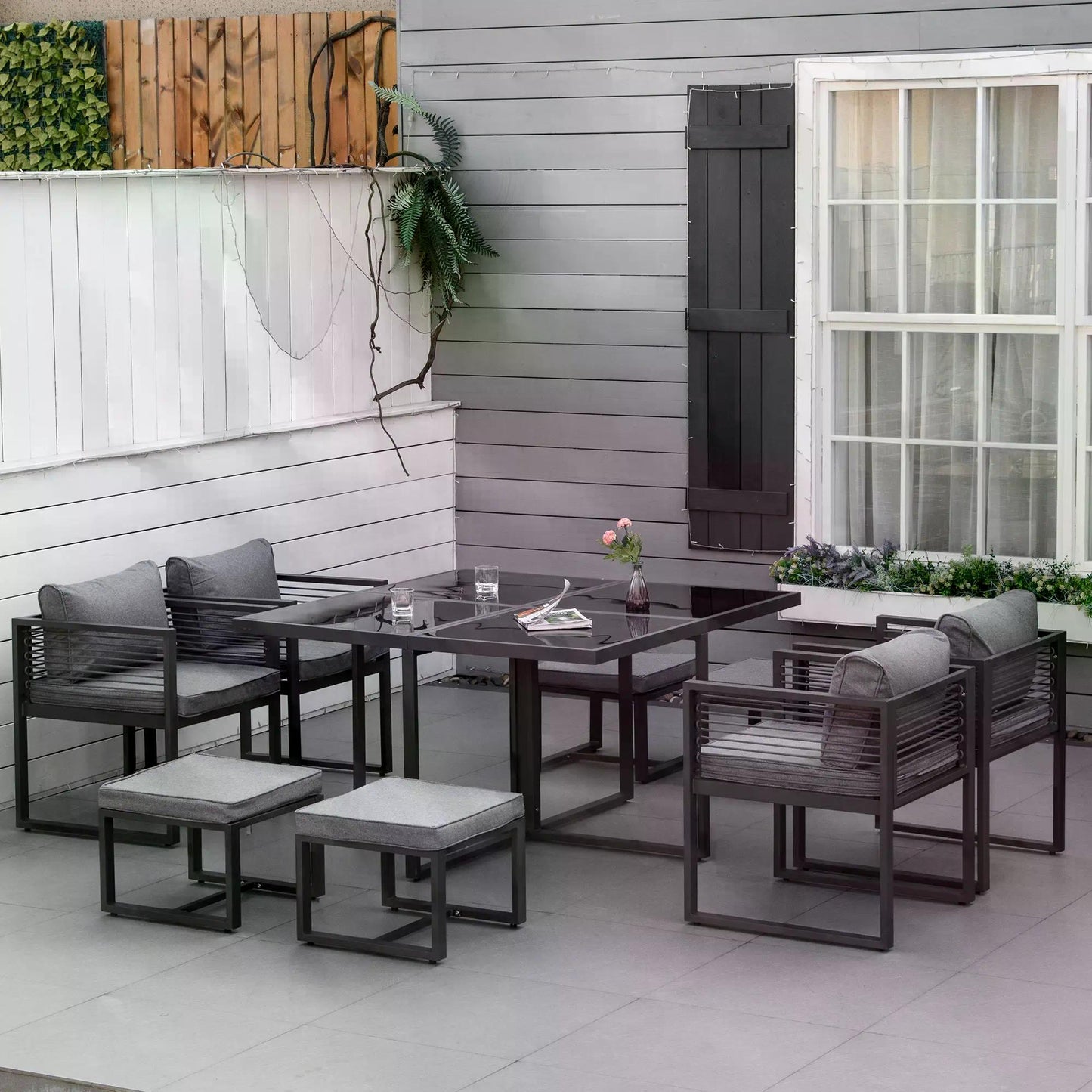 Outsunny Nine-Piece Aluminium Garden Set, with Glass-Top Table - Grey