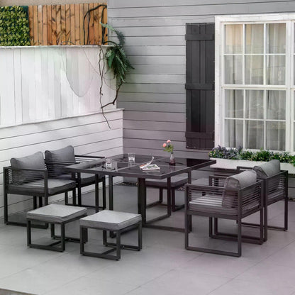 Outsunny Nine-Piece Aluminium Garden Set, with Glass-Top Table - Grey