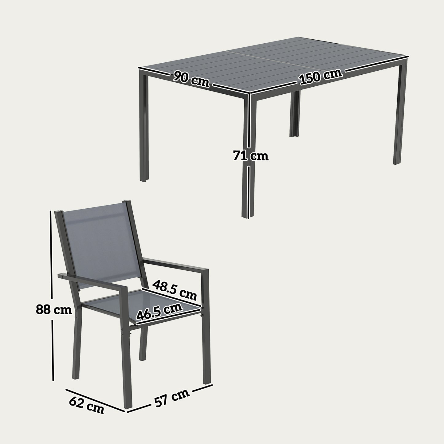 Zestaw mebli ogrodowych Outsunny 7-częściowy, zestaw mebli ogrodowych z 6 składanymi krzesłami i prostokątnym stołem o długości 150 cm, blat z listew WPC, rama ze stali odpornej na rdzę, do ogrodu, na werandę i taras