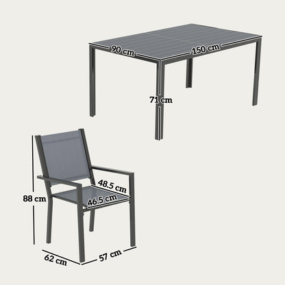 Zestaw mebli ogrodowych Outsunny 7-częściowy, zestaw mebli ogrodowych z 6 składanymi krzesłami i prostokątnym stołem o długości 150 cm, blat z listew WPC, rama ze stali odpornej na rdzę, do ogrodu, na werandę i taras