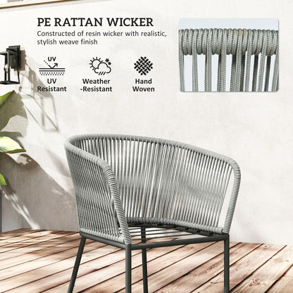 Zestaw jadalny Outsunny Rattan, 6-osobowy zestaw mebli ogrodowych z rattanu z blatem z drewna akacjowego, prostokątny stół, 6 krzeseł, zmywalne poduszki na siedziska, na zewnątrz, patio, do ogrodu zimowego, szary