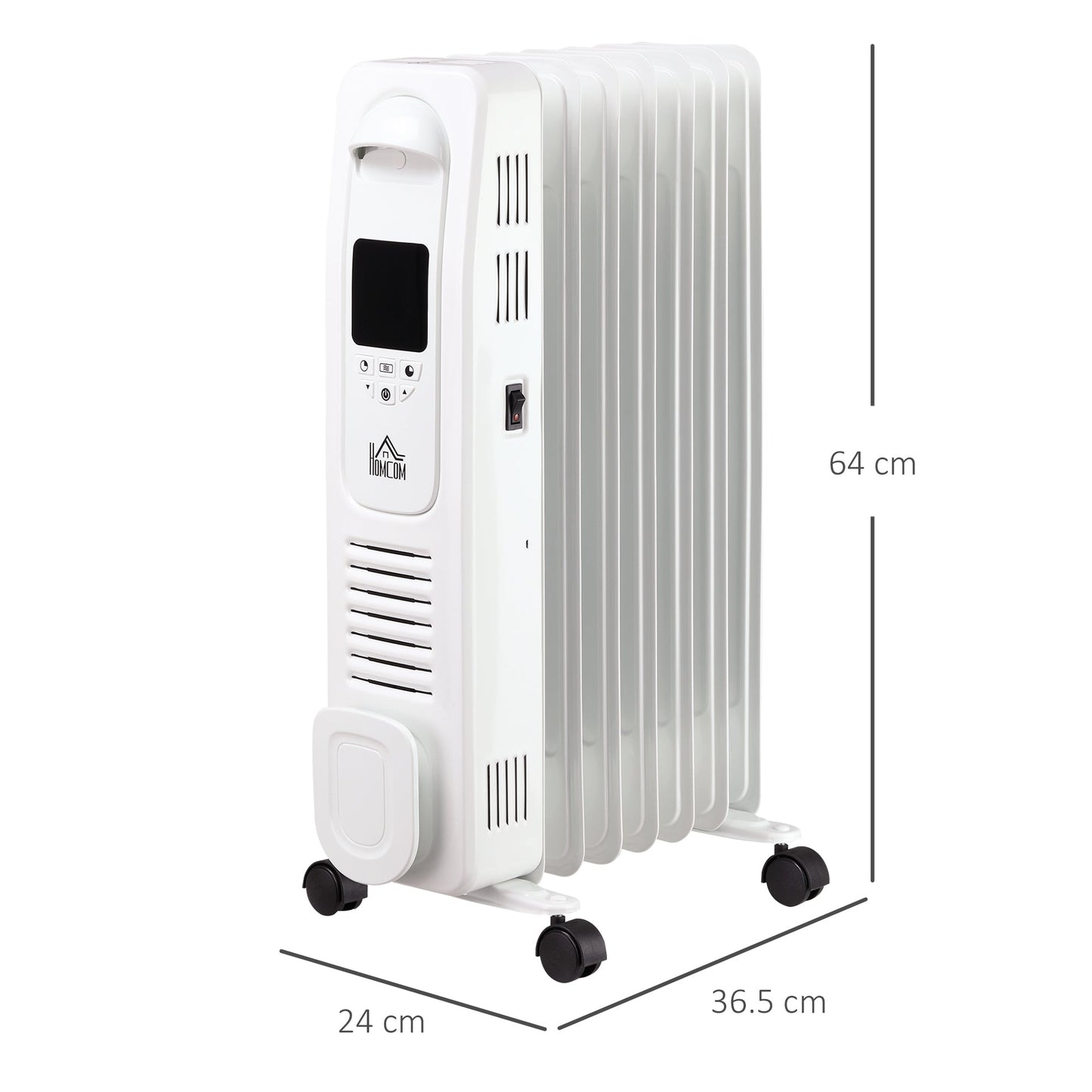 HOMCOM 1500W Cyfrowy Grzejnik Olejowy, 7 Żeberek, Przenośny Elektryczny Grzejnik z Wyświetlaczem LED, Wbudowanym Timerem, 3 Ustawienia Grzania, Wyłącznik Bezpieczeństwa i Pilot Zdalnego Sterowania, Biały
