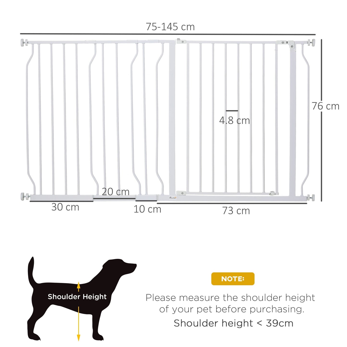 PawHut Dog Baby Gate Extra Wide Stairway Gate for Pet with Door, 76H x 75-145Wcm, White