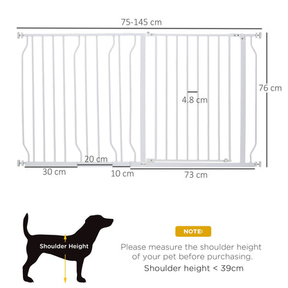 بوابة درج واسعة للغاية للحيوانات الأليفة مع باب من PawHut Dog Baby، مقاس 76 ارتفاع × 75-145 سم، أبيض