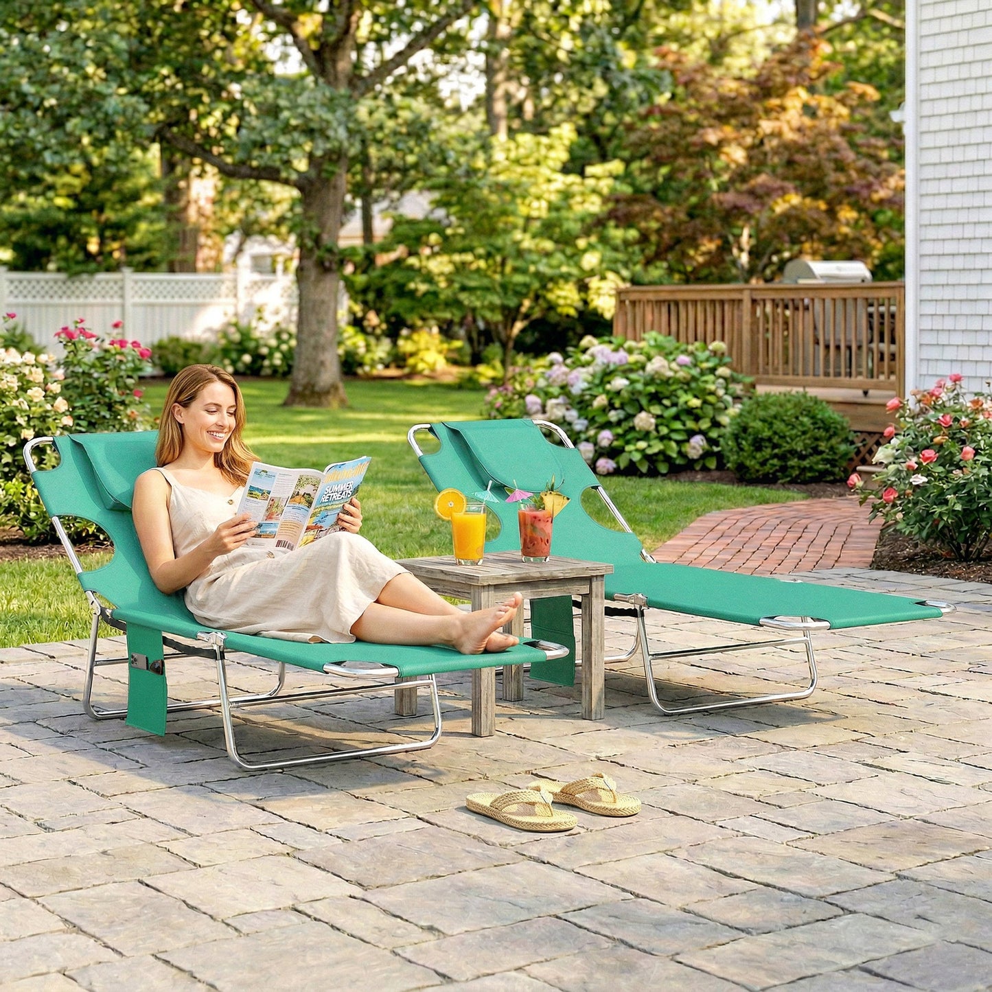 Outsunny 5-Position Adjustable Sun Loungers Set of 2 with Reading Hole and Side Pocket, Green