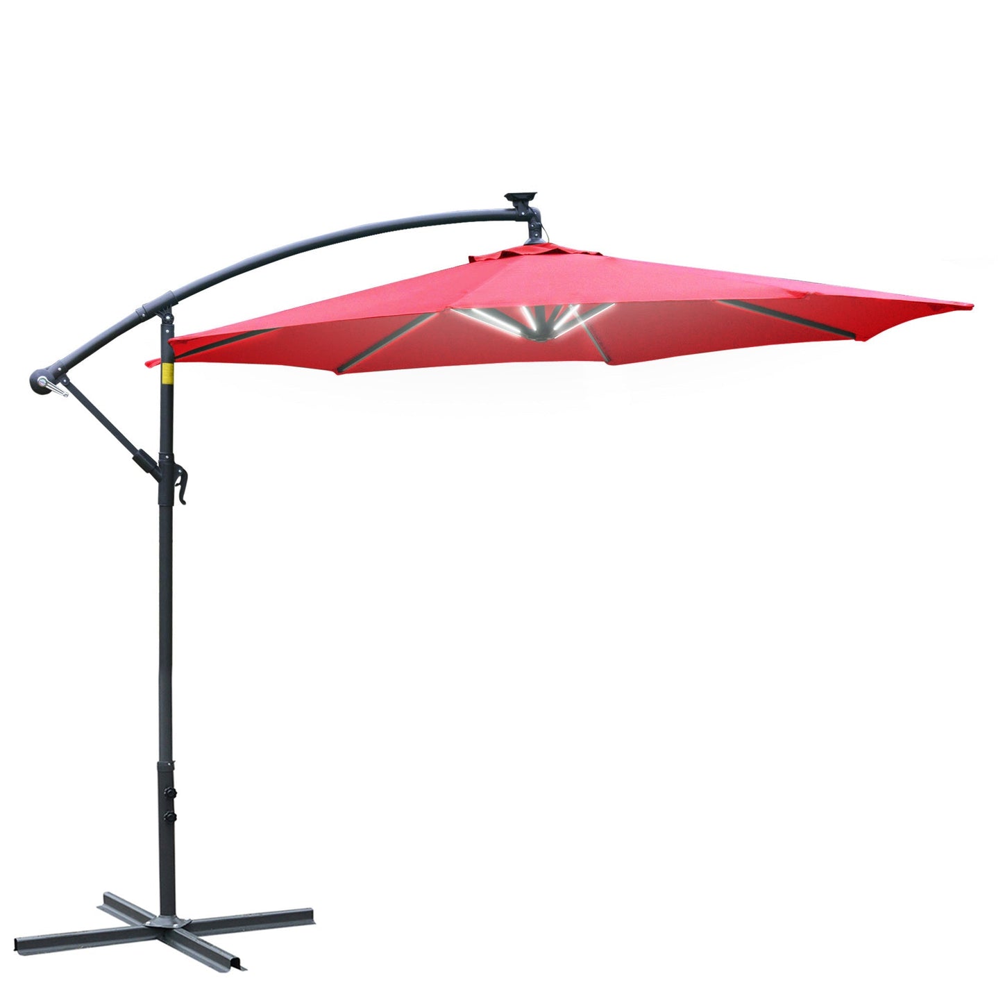 Outsunny 3m LED Patio Banana Umbrella Cantilever Parasol w/ Crank Cross Base Hanging Offset Umbrella Frame Steel  Aluminium Garden Table Outdoor Red