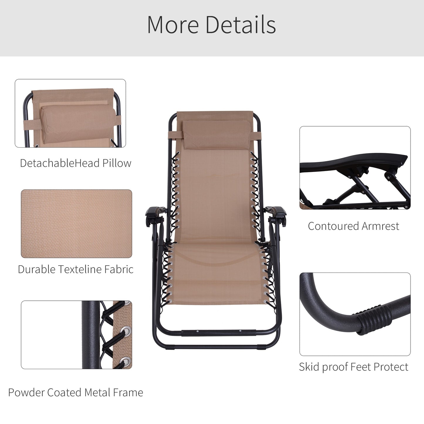 Outsunny Zero Gravity Chair Metal Frame Texteline Armchair Outdoor Folding and Reclining Sun Lounger with Head Pillow for Patio Decking Gardens Camping, Beige