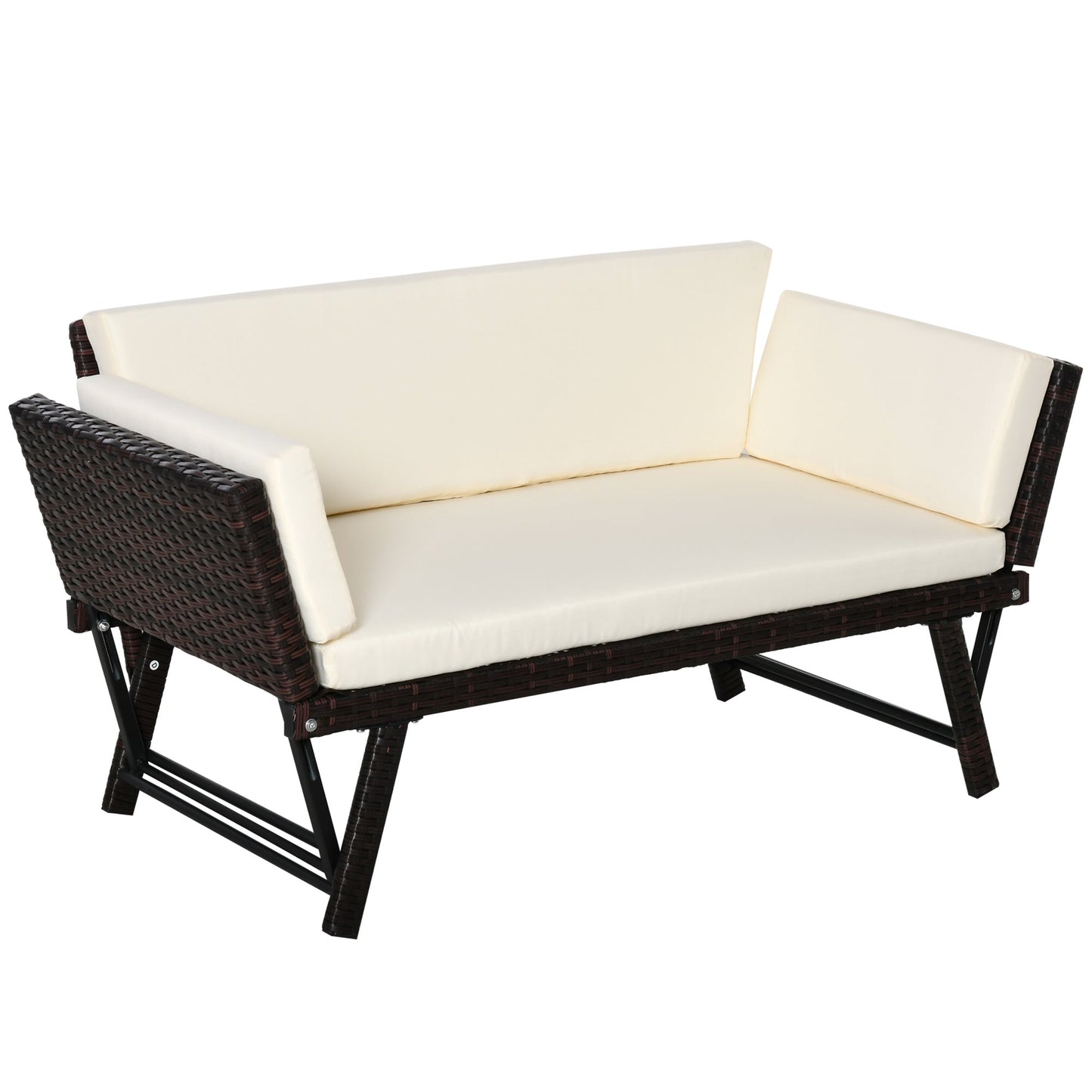 Outsunny 2 Seater Rattan Folding Daybed Sofa Bench Garden Chaise Lounger Loveseat with Cushion Outdoor Patio Brown