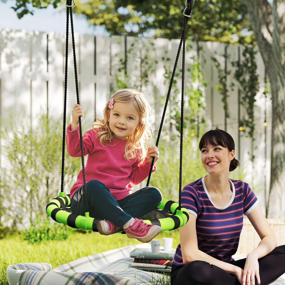 AIYAPLAY 60cm Diameter Kid Nest Swing Seat with Height Adjustable Ropes, for Outdoor, Indoor, Black/Green