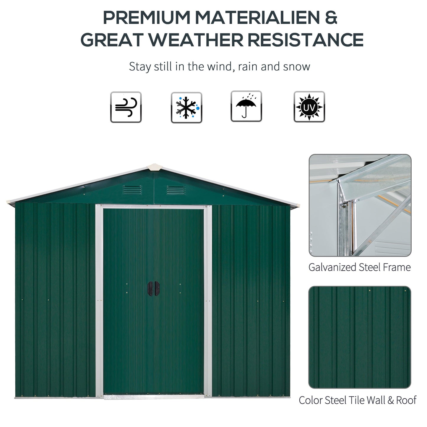 Outsunny 8 x 6 ft Metal Garden Storage Shed Corrugated Steel Roofed Tool Box with Ventilation and Sliding Doors, Green