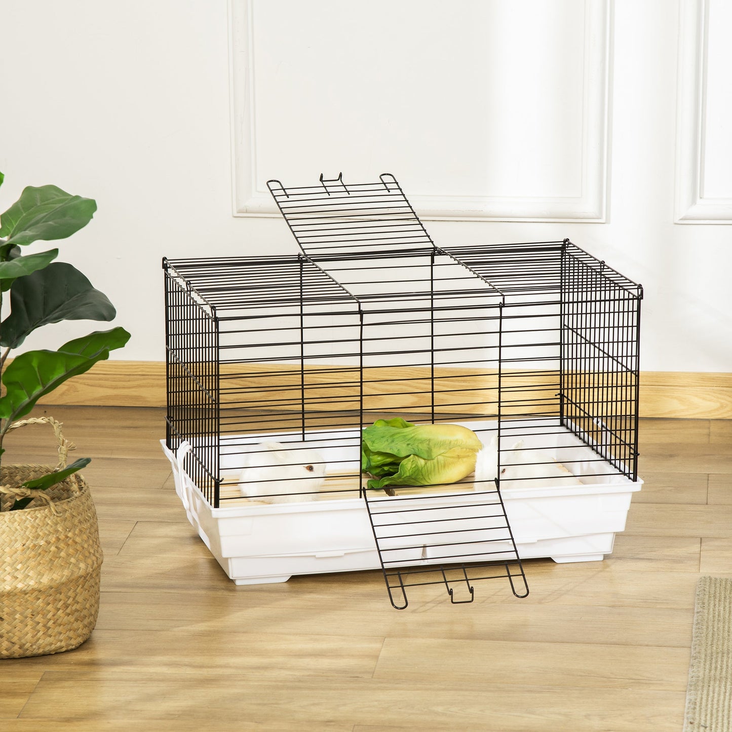 PawHut Indoor Small Animal Cage for Rabbits, Guinea Pigs w/ Wood Floor, Removable Trays