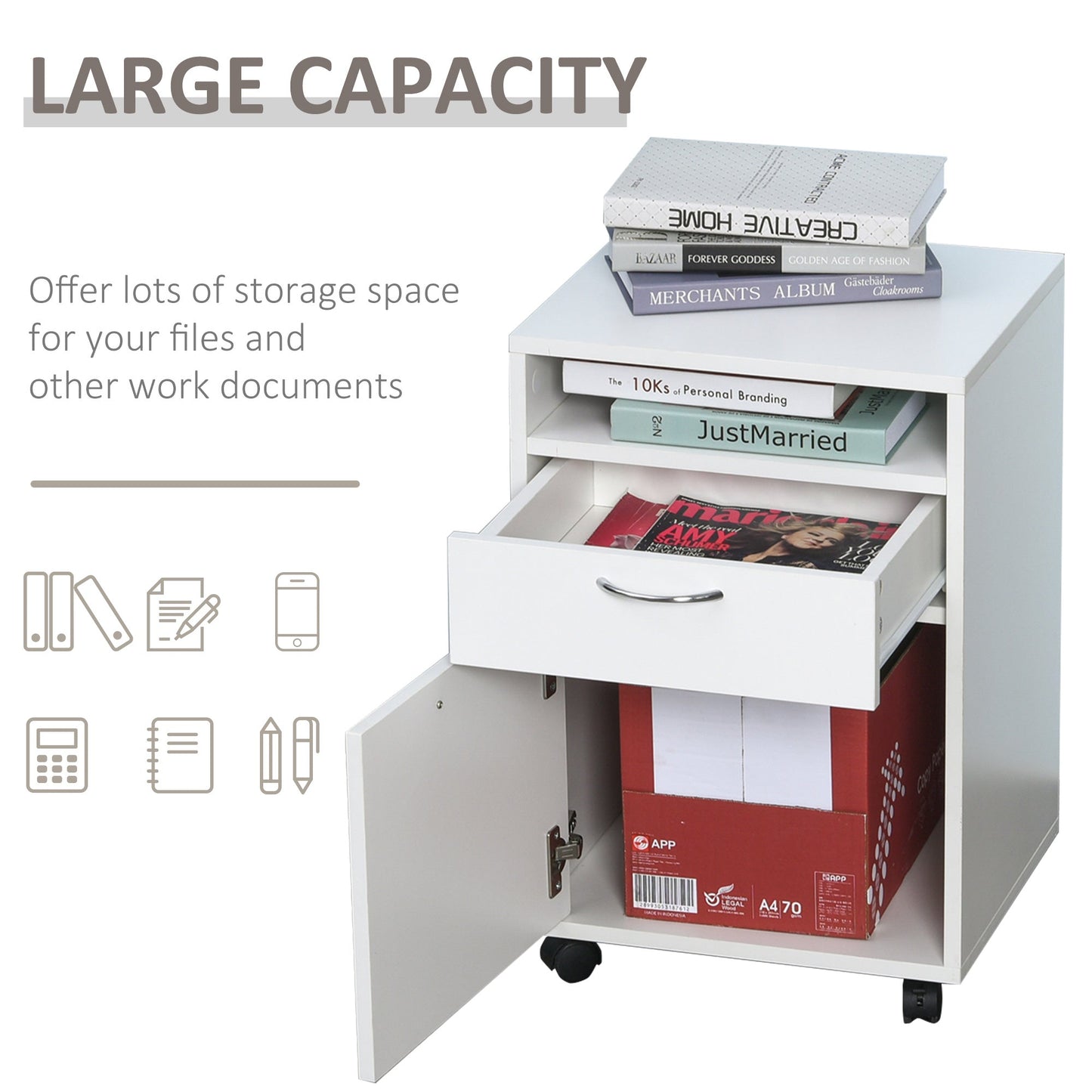 HOMCOM 60cm Storage Cabinet with Drawer, Open Shelf, Metal Handles and 4 Wheels, Office Home Organiser Mobile Printer, White
