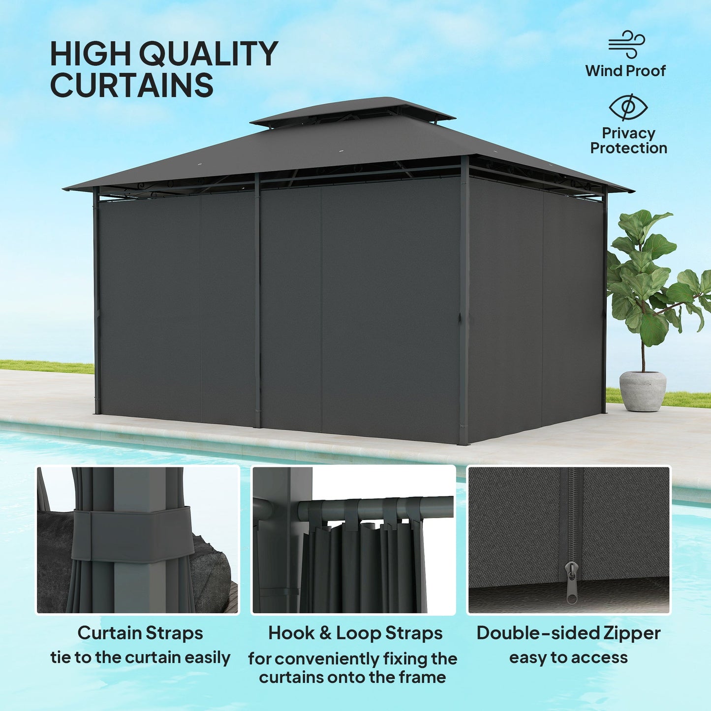 Outsunny 3 x 4m Steel Gazebo, with Curtains - Black