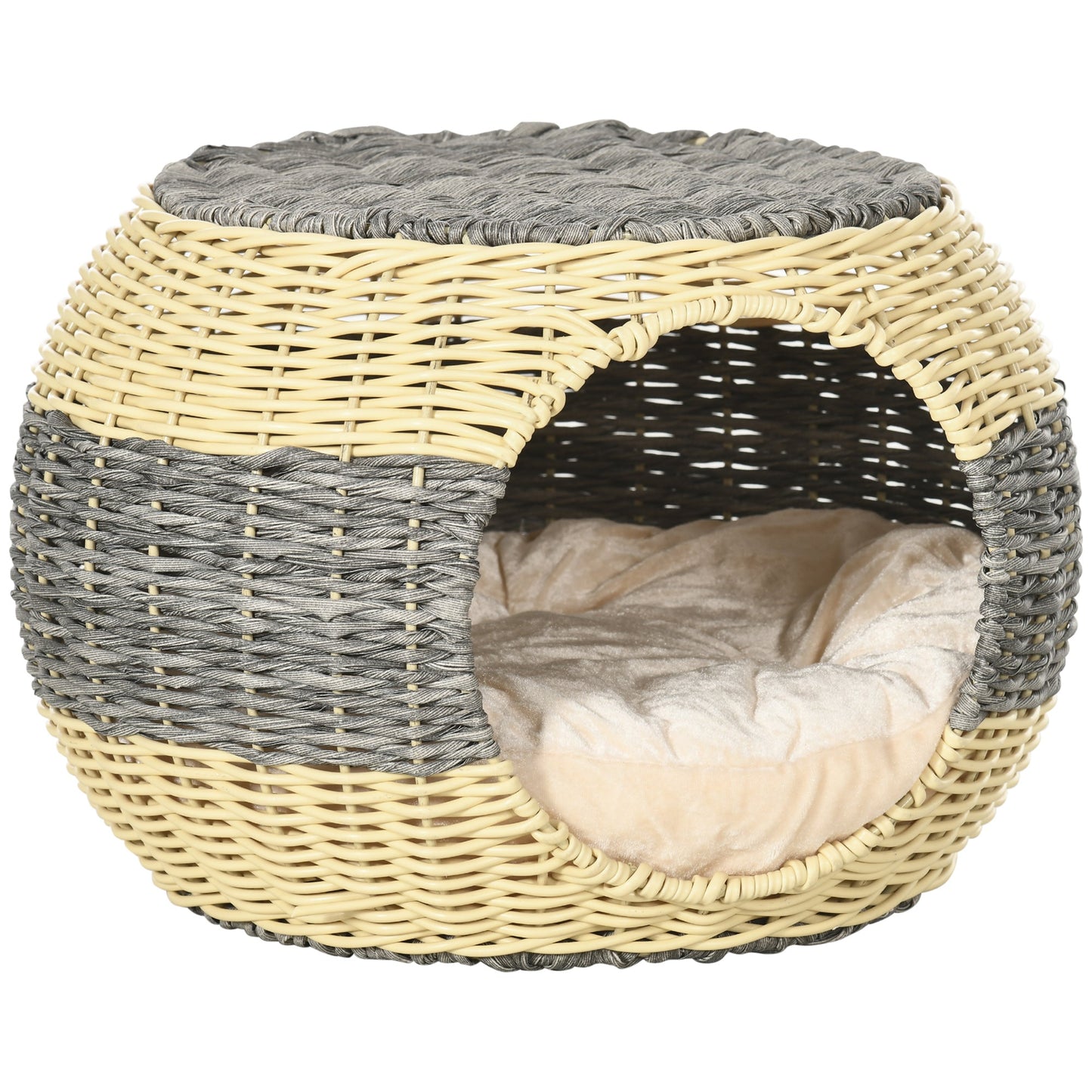 PawHut Wicker Cat House, Rattan Raised Cat Bed, Cosy Kitten Cave with Soft Washable Cushion, 40 x 30cm