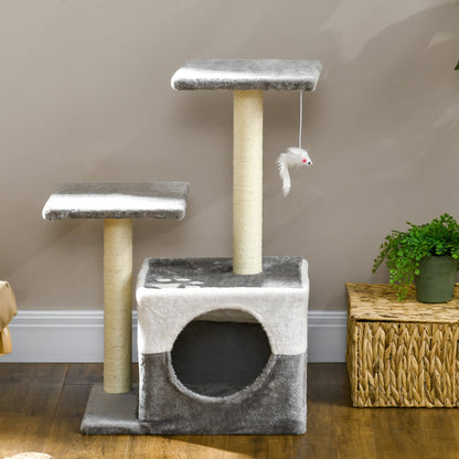 PawHut Cat Tree With Sisal Scratching Posts, House, Perches, Toy Mouse, Grey