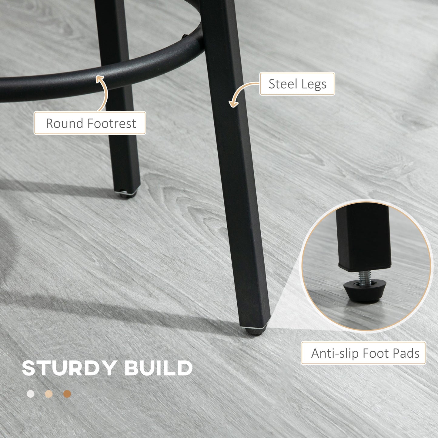 HOMCOM Bar Stools, Set of 2 Kitchen Breakfast Stools with Sturdy Steel Frame, Industrial Tall Bar Chairs, 65cm High Seat, Rustic Brown