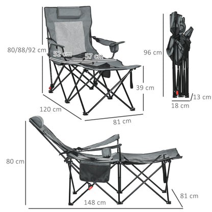 Outsunny Foldable Reclining Garden Chairs with Footrest and Adjustable Backrest, Portable Camping Chair with Headrest, Cup Holder, Side Pocketand Carry Bag for Outdoor, Grey