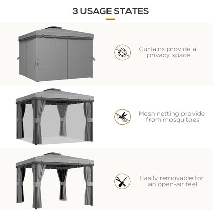 خيمة Outsunny مقاس 3 × 3 (م) مظلة فناء وشرفة وحديقة وجناح مع سقف بطبقتين وشبكة وستائر، رمادي فاتح