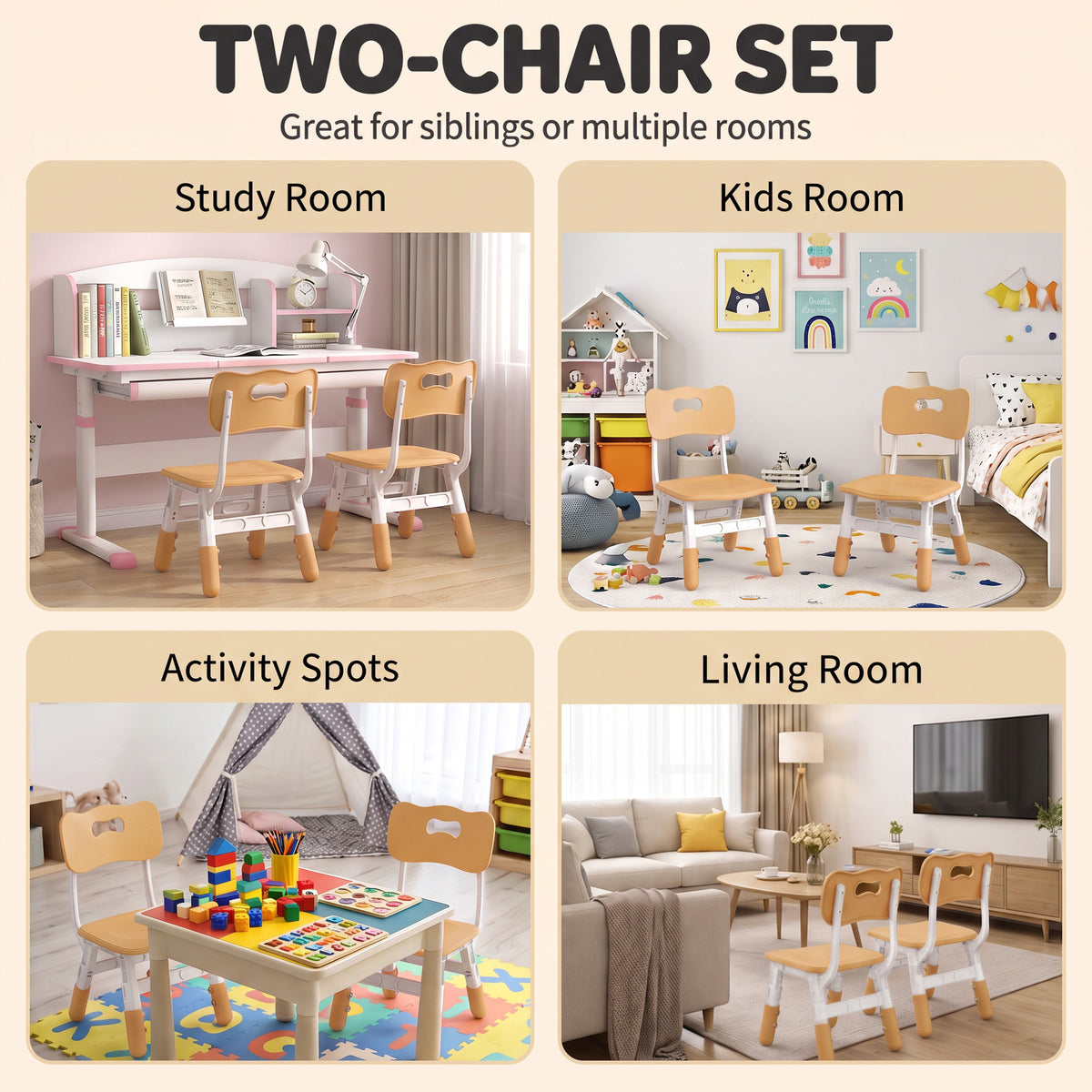 AIYAPLAY 2 PCS Kids Desk Chairs, 3 Level Height Adjustable Children's Chairs with Backrest for 1.5-8 Years, Max Load 50KG, Brown