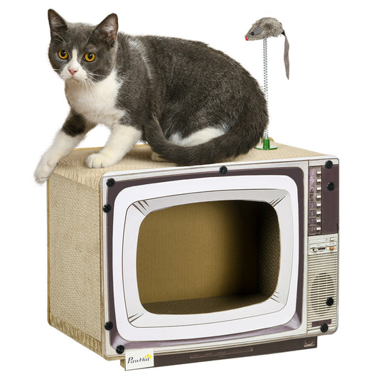 PawHut TV-Shaped Drapak z drapakiem, kocimiętką, zabawką szczurem, drapak dla kotów domowych, 43 x 23 x 32,5 cm