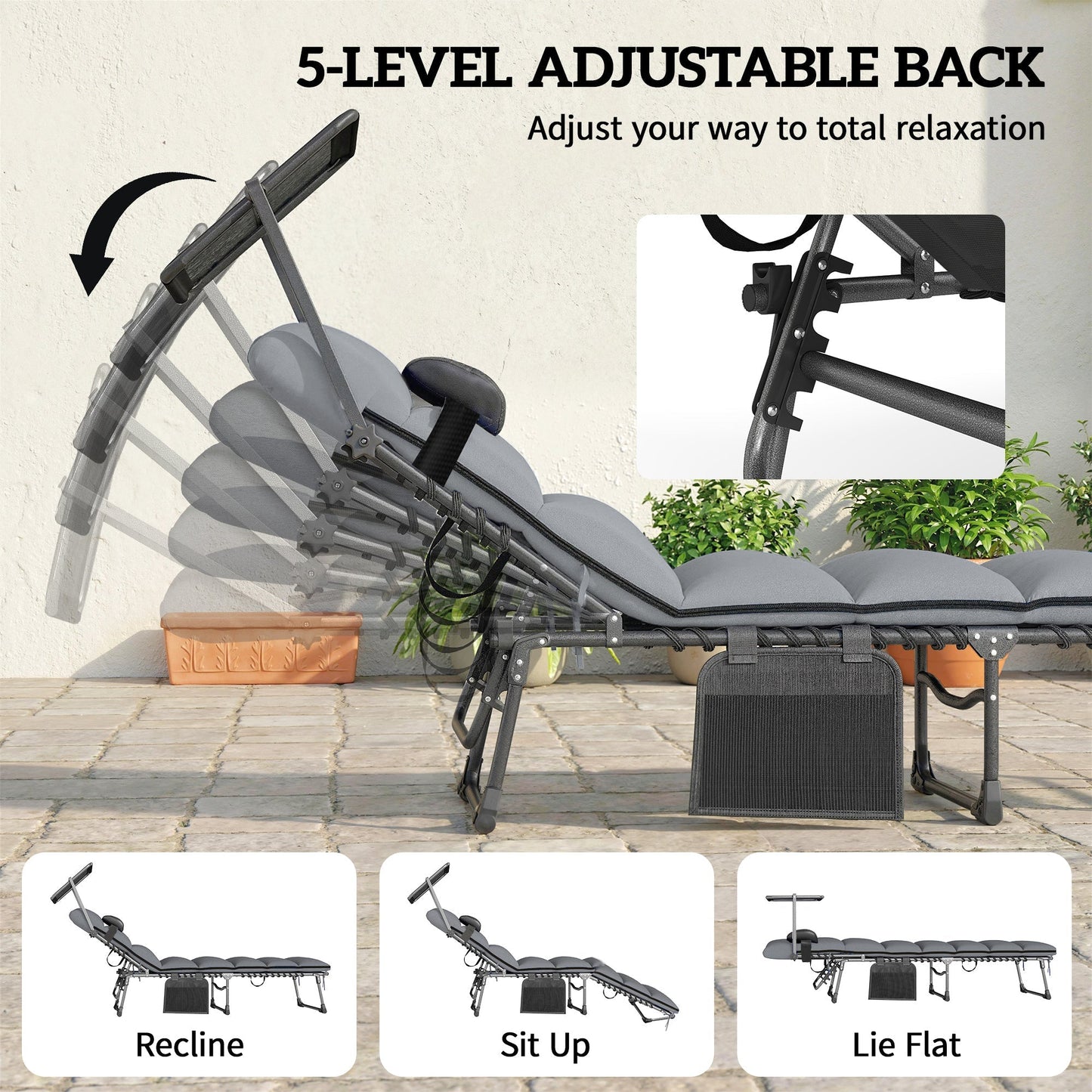 Outsunny Folding Sun Loungers Set of 2 with Canopy, Reclining Sunbed with Cushion, Side Pocket, Carrying Handle, Light Grey