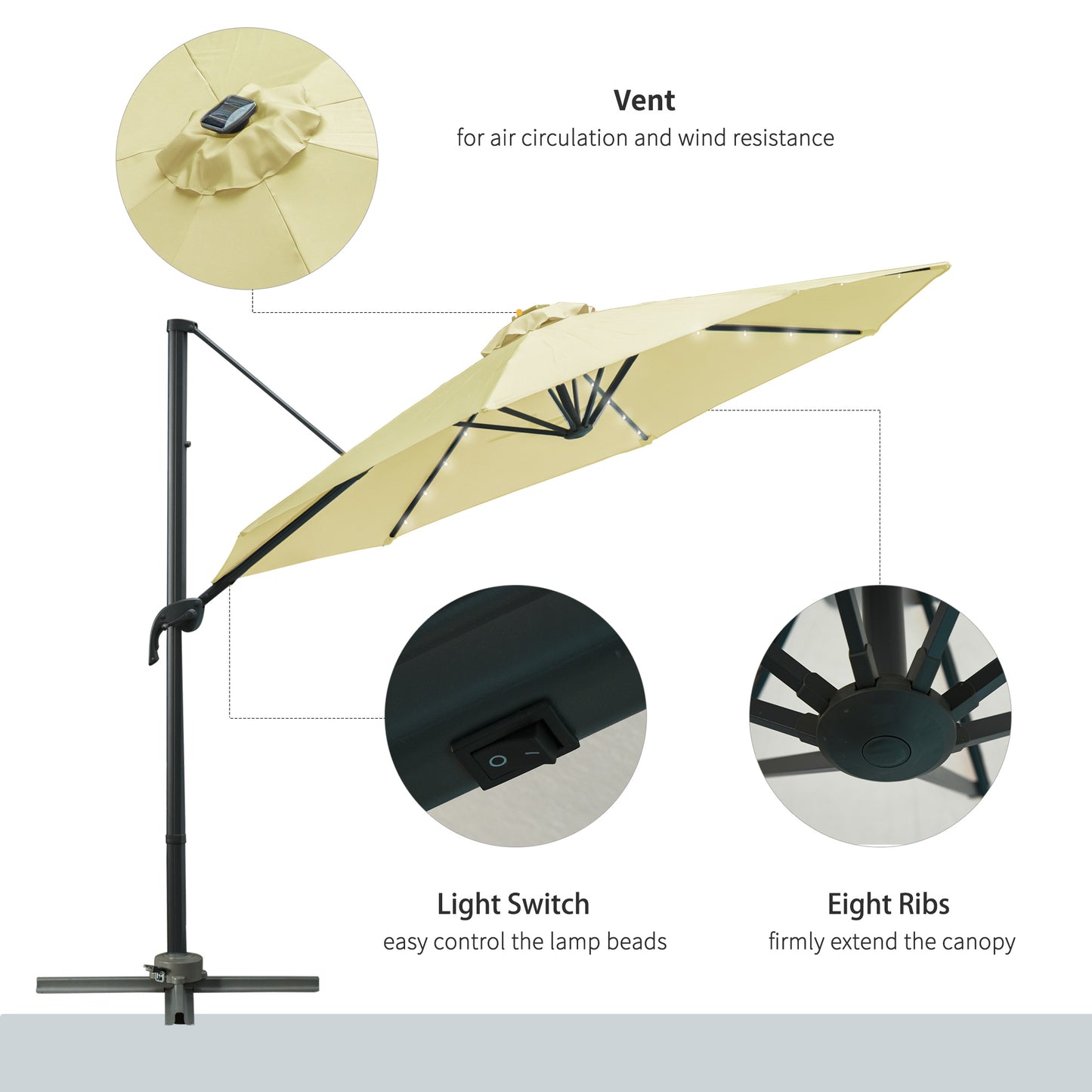 Outsunny 3(m) LED Cantilever Parasol ogrodowy z podstawą i lampami solarnymi beżowy