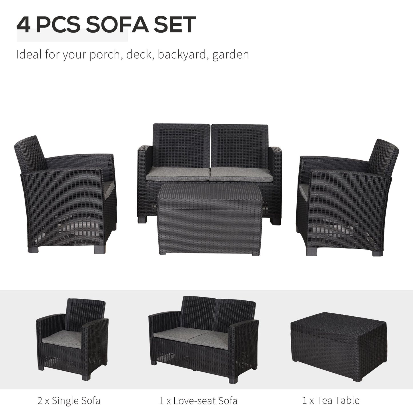 Outsunny Garden PP Rattan Style Sofa Table Set 4 Seater Outdoor Patio 2 Single Chairs & 1 Bench Conservatory Furniture Cushioned Black