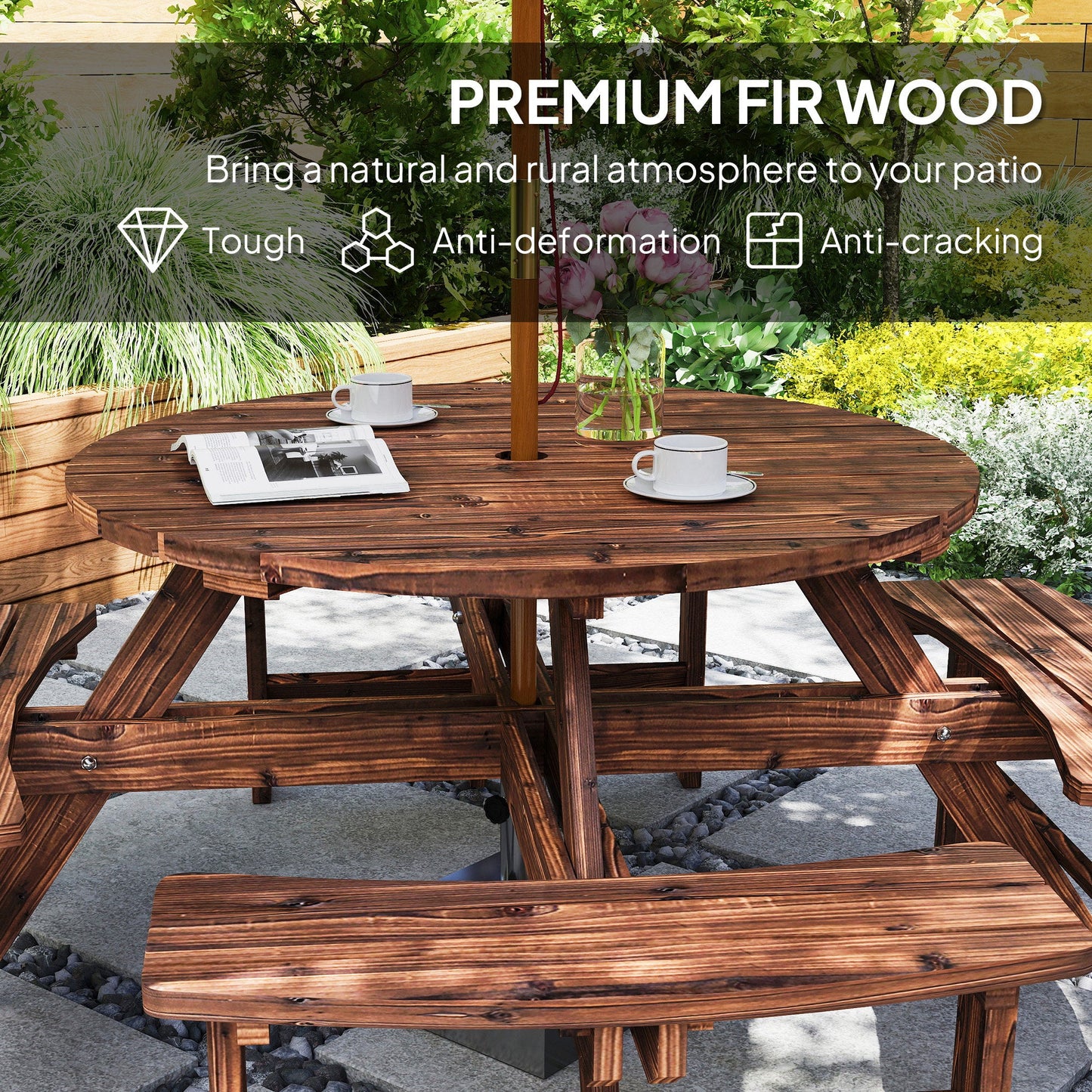 Outsunny Wooden Garden Dining Set, 8 Seater Patio Furniture Set with Round Picnic Table, Parasol Hole for Outdoor Garden, Tan