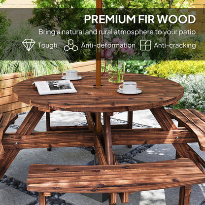 Outsunny Wooden Garden Dining Set, 8 Seater Patio Furniture Set with Round Picnic Table, Parasol Hole for Outdoor Garden, Tan
