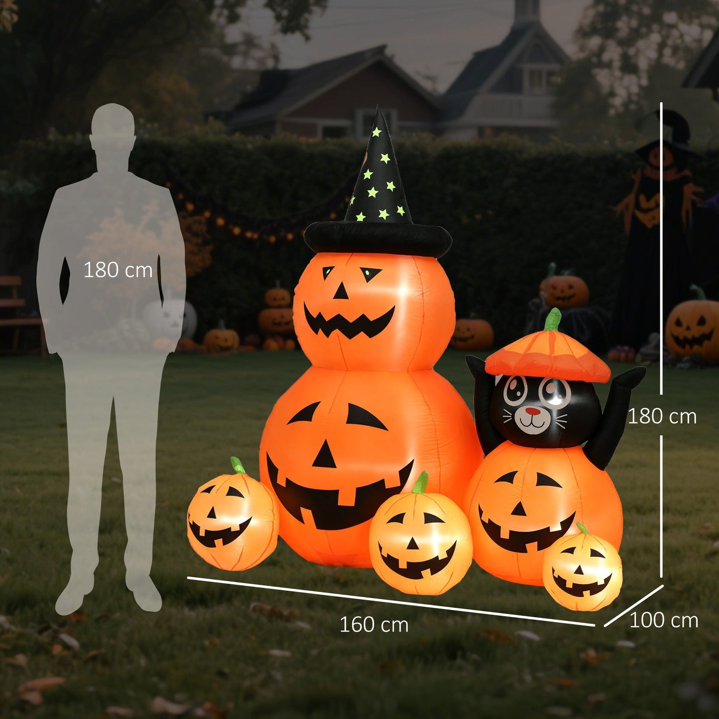 Outsunny 180 cm Tall Halloween Inflatables Pumpkin and Cat with Built-in LED Lights, Self-Inflating Outdoor Halloween Decoration for Garden Party, Orange and Black
