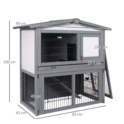 PawHut Rabbits 2-Tier Fur Wood Outdoor Hutch Grey