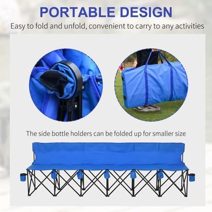 Outsunny 6 Seater Folding Sports Bench Outdoor Picnic Camping Portable Spectator Chair Steel Frame w/ Cup Holder & Carry Bag - Blue