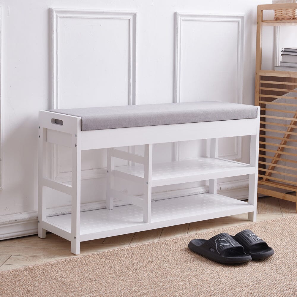 Wooden 2-Tier Shoe Bench with Cushioned Seat