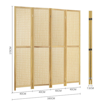 Natural Wood Round-Hole Screen with Four Panels in Paulownia Wood