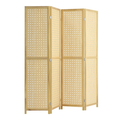 Natural Wood Round-Hole Screen with Four Panels in Paulownia Wood