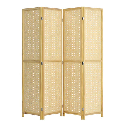 Natural Wood Round-Hole Screen with Four Panels in Paulownia Wood