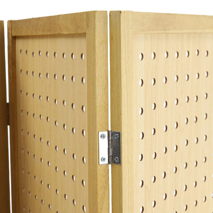 Natural Wood Round-Hole Screen with Four Panels in Paulownia Wood