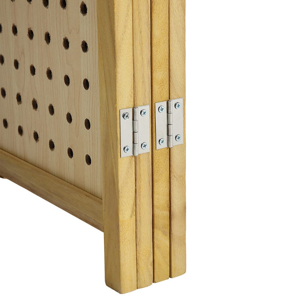 Natural Wood Round-Hole Screen with Four Panels in Paulownia Wood