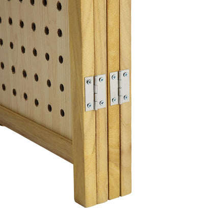 Natural Wood Round-Hole Screen with Four Panels in Paulownia Wood