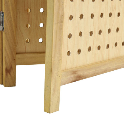 Natural Wood Round-Hole Screen with Four Panels in Paulownia Wood