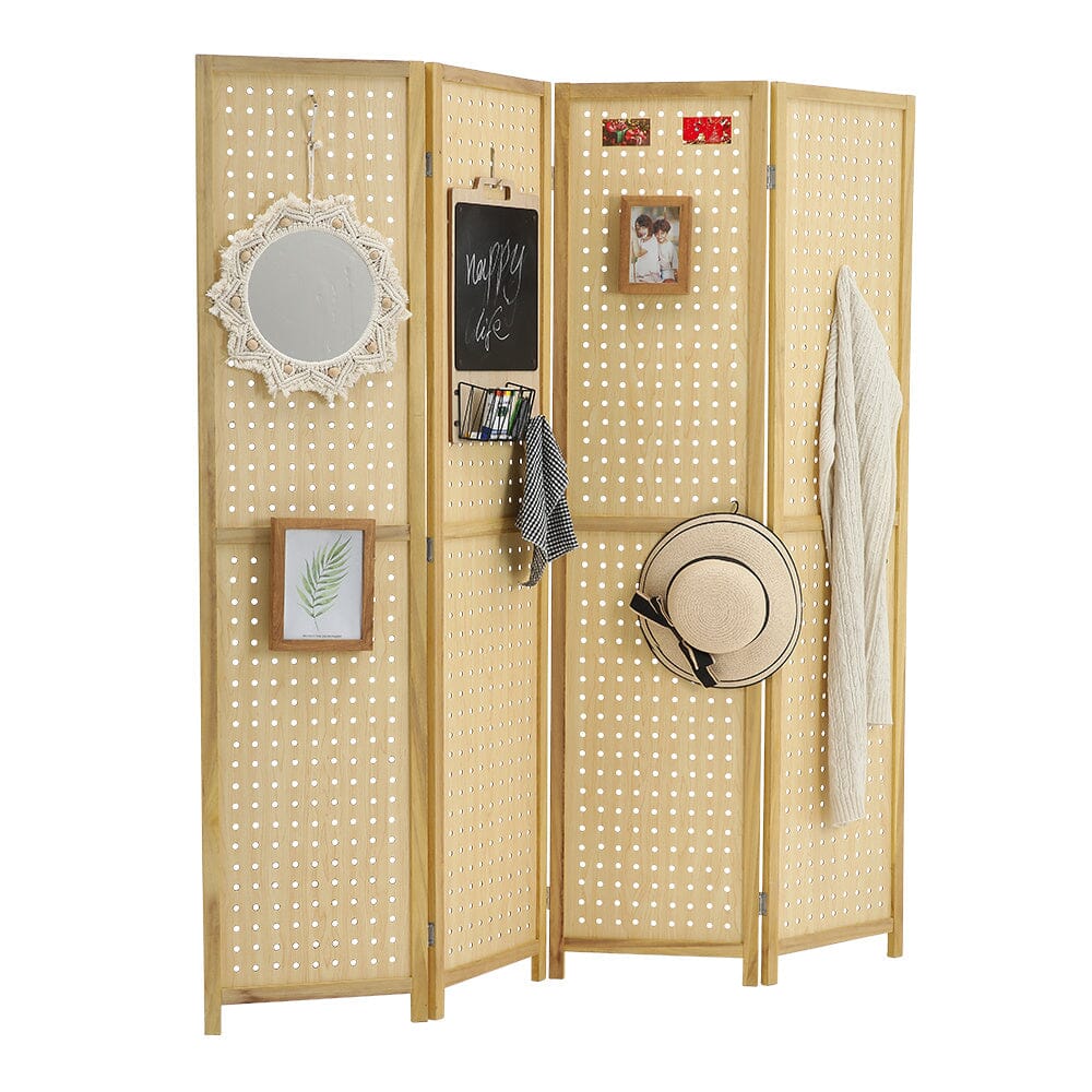 Natural Wood Round-Hole Screen with Four Panels in Paulownia Wood