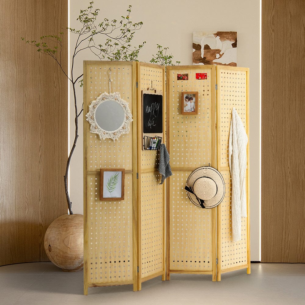 Natural Wood Round-Hole Screen with Four Panels in Paulownia Wood
