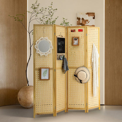 Natural Wood Round-Hole Screen with Four Panels in Paulownia Wood