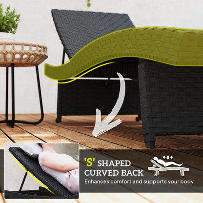 Outsunny Outdoor PE Rattan Leżak, składany wiklinowy leżak ogrodowy z oparciem regulowanym na 4 poziomach, rolowany leżak z kółkami, antypoślizgowe nogi na balkon, plaża, czarny