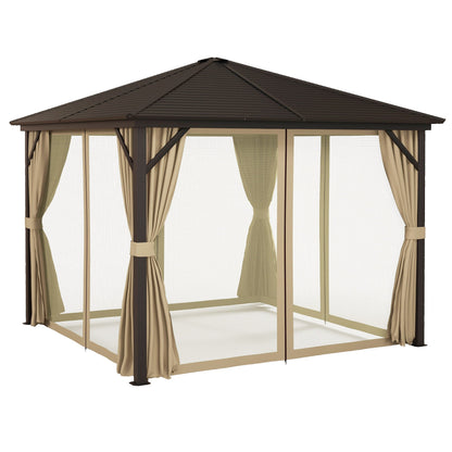 Outsunny 3 x 3 M Garden Lawn Patio Hard Top Metal Roof Gazebo Canopy Shelter With Netting And Curtains Aluminium Frame - Bronze Tone